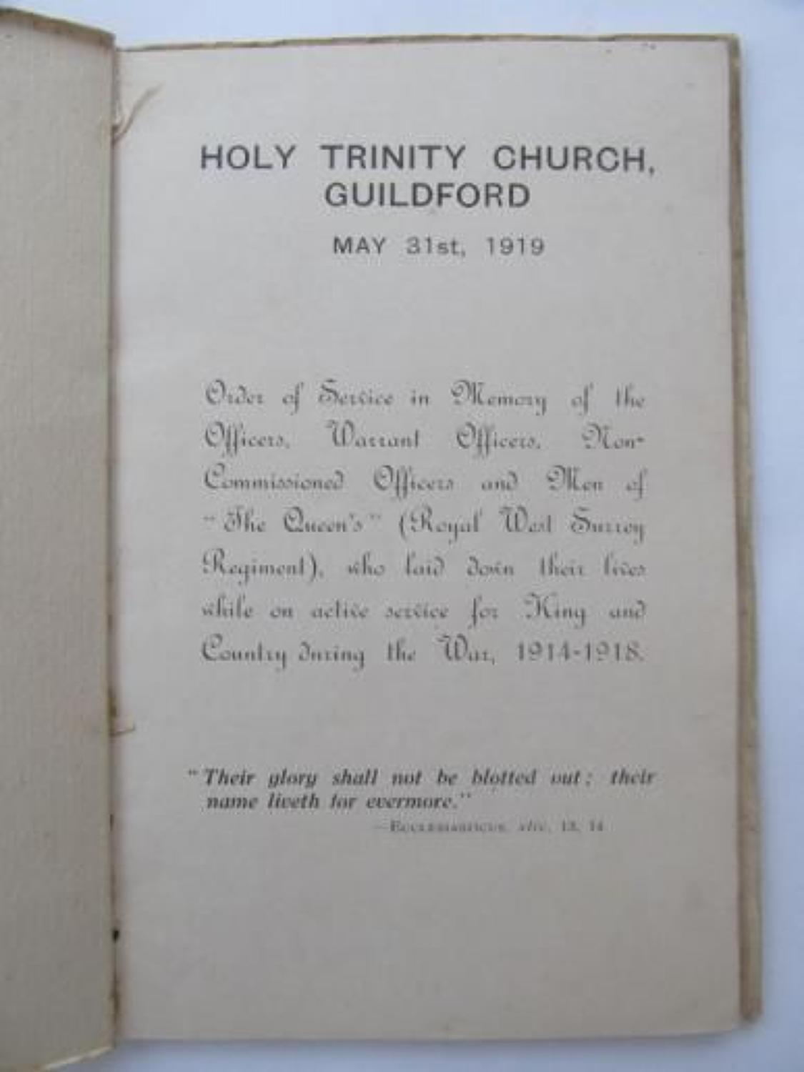Holy Trinity Church Guildford WW 1 Roll of Honour