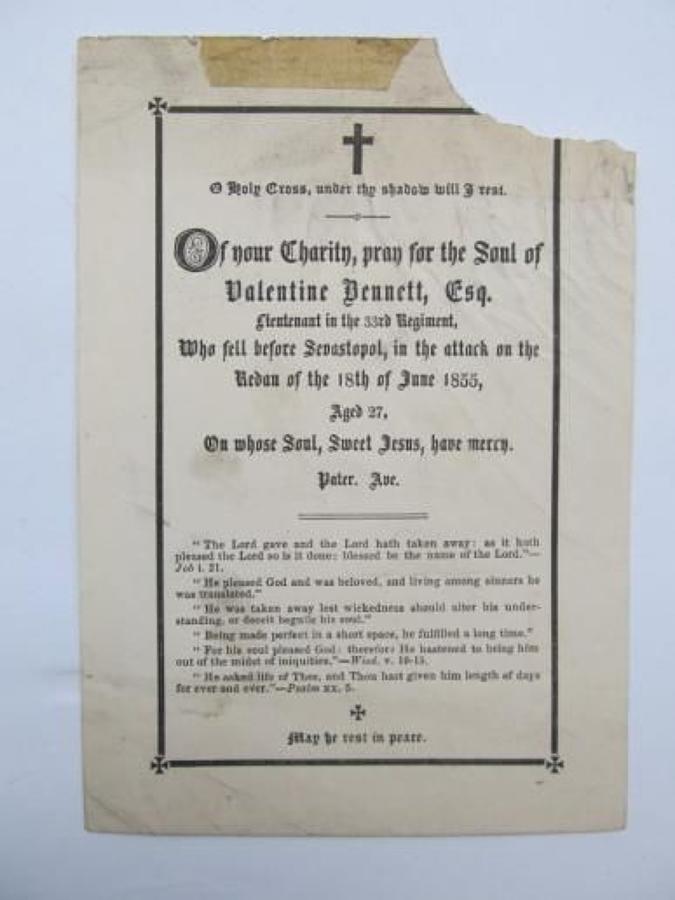 Original Crimea War Memorial Paper Officer 33rd Reg