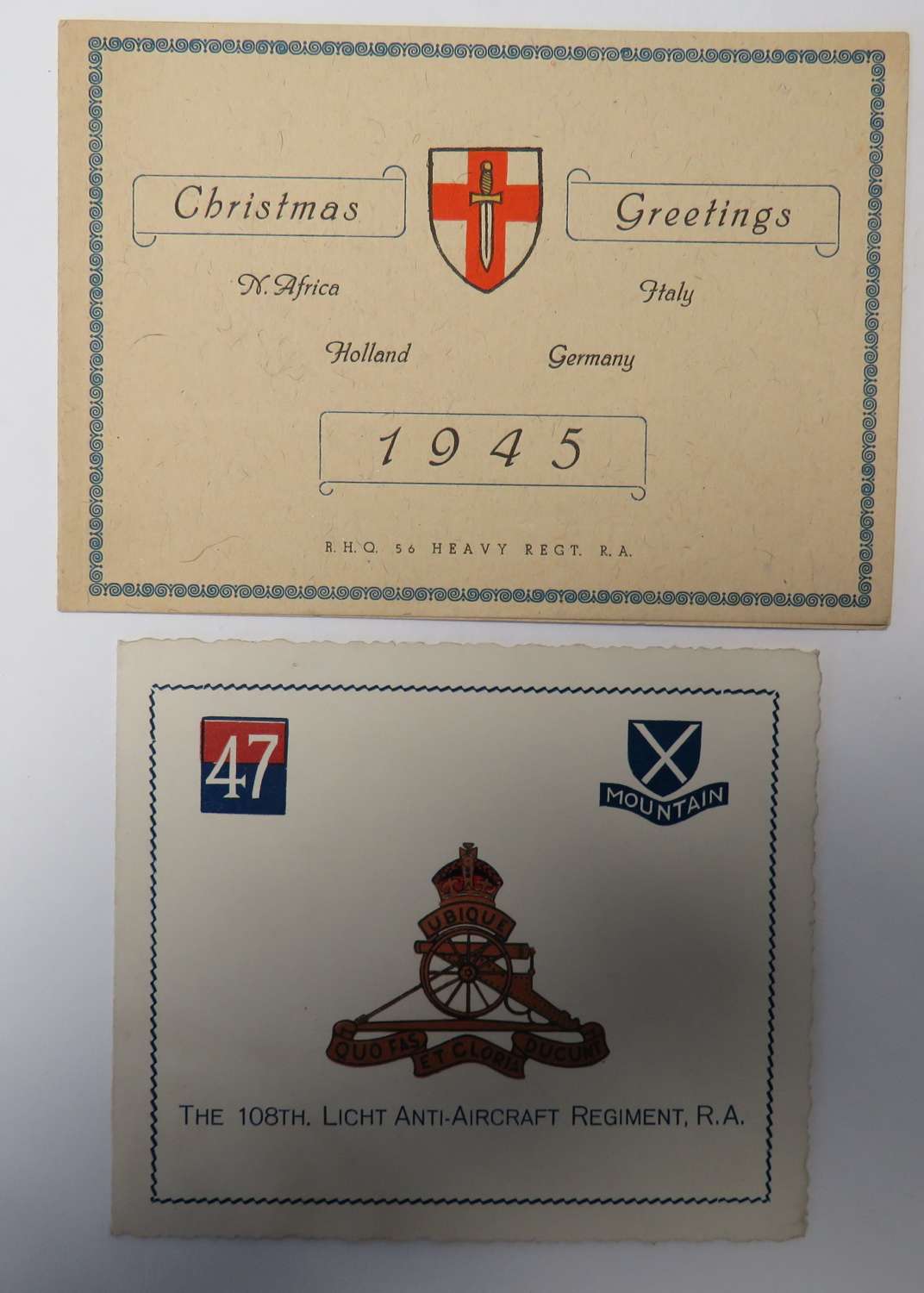Two 1945 Artillery Christmas Cards