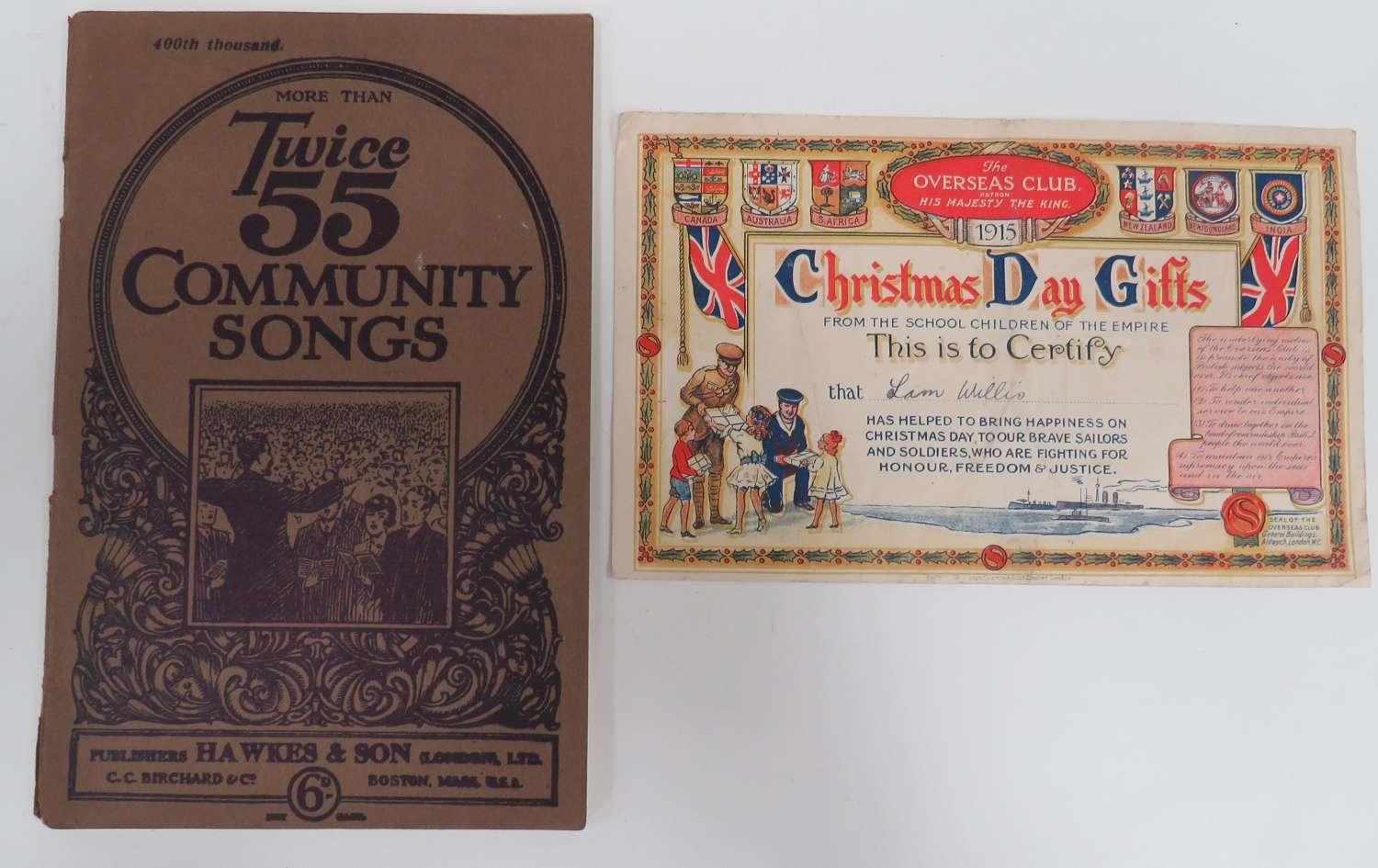 WW 1 Christmas Day Gifts Certificate and Song Book