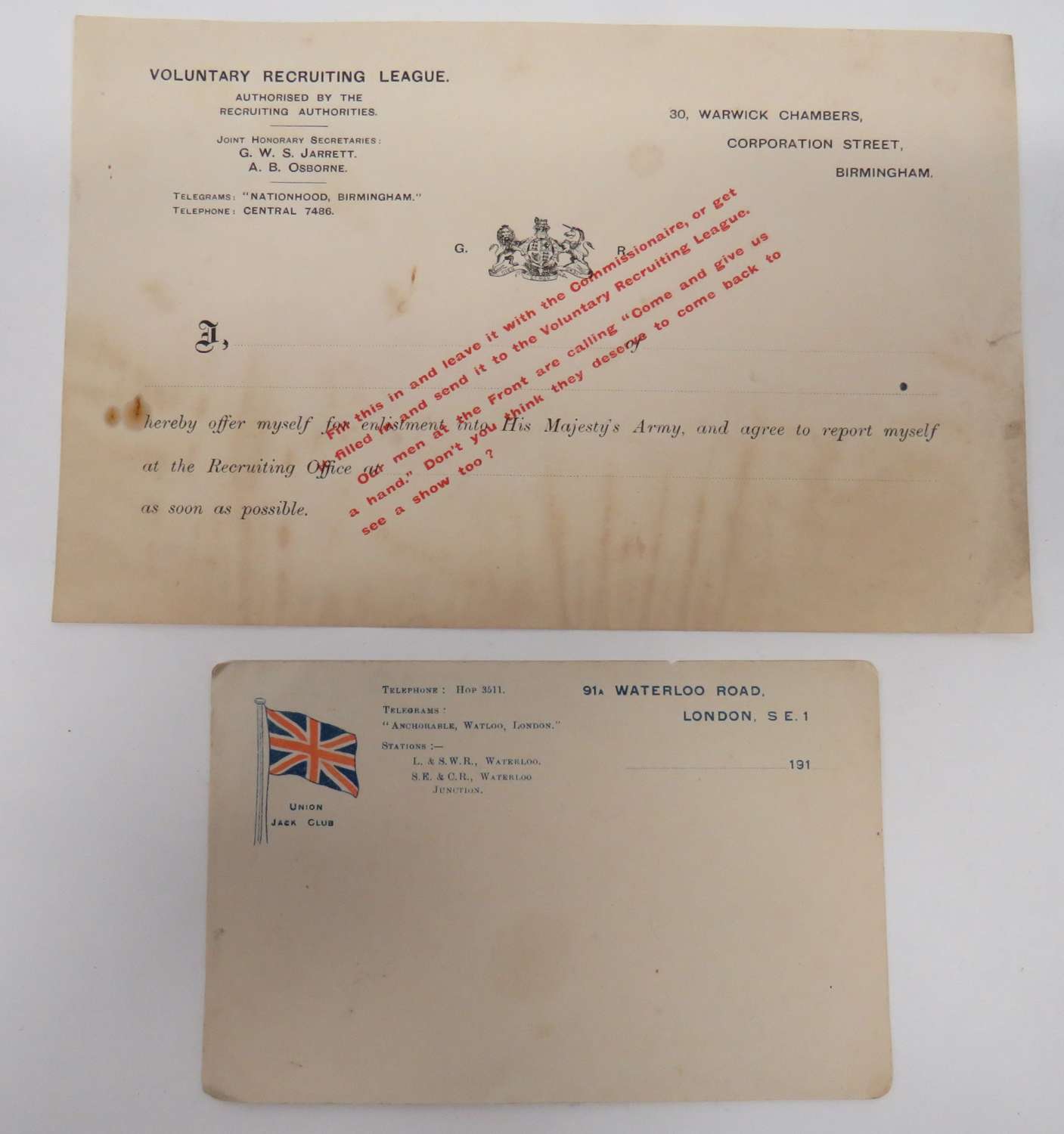 Rare WW1 Recruiting Form and Post card