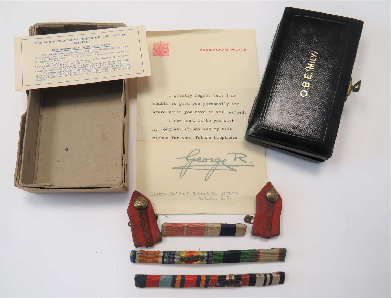 Staff Officers Medal Ribbons /O.B.E Case and Named Issue Letter