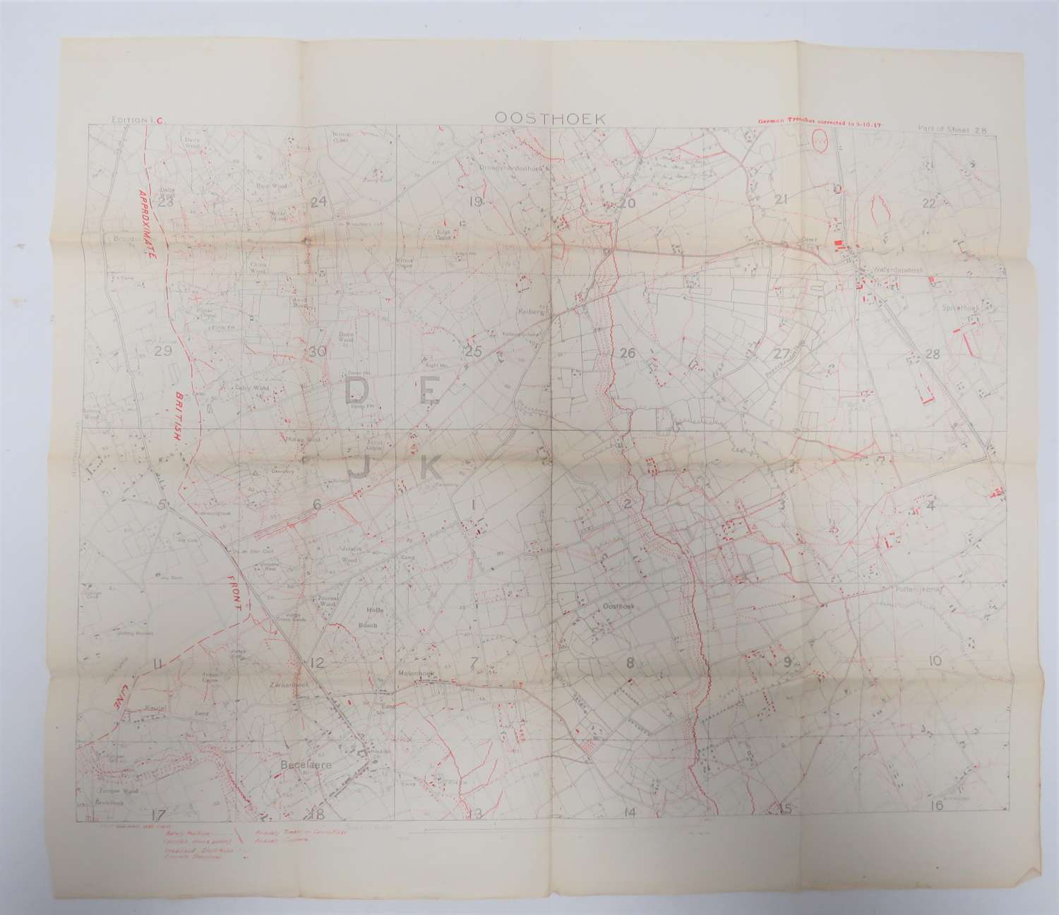 WW1 Trench Corrected Map Dated October 1917 of Oosthoek Belgium