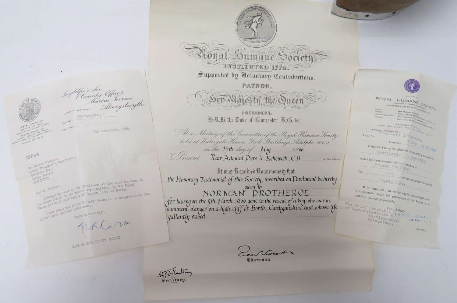 Welsh Royal Humane Society Bravery Certificate and Letters
