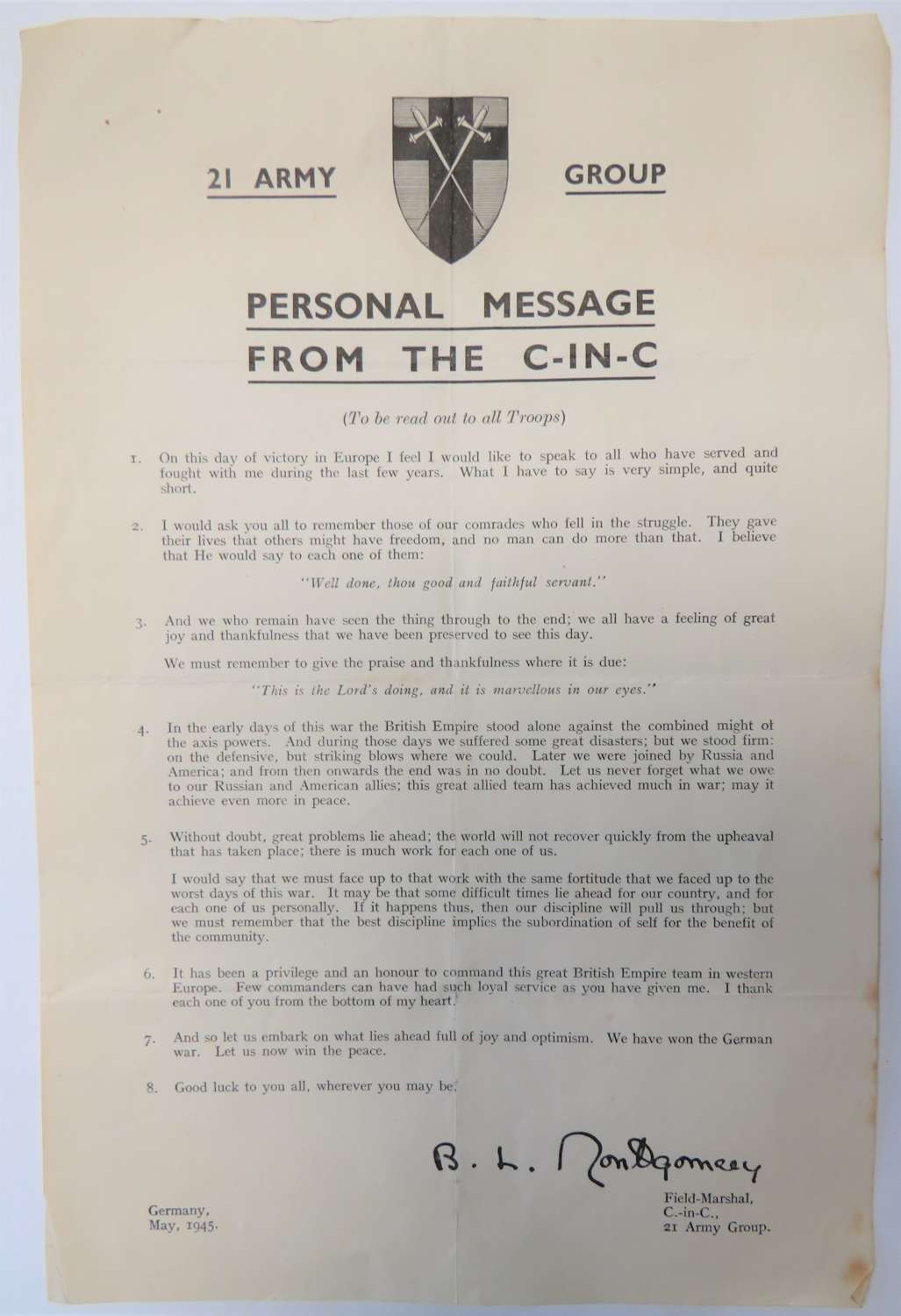 21st Army Group May 1945 Personal Message to all His Troops