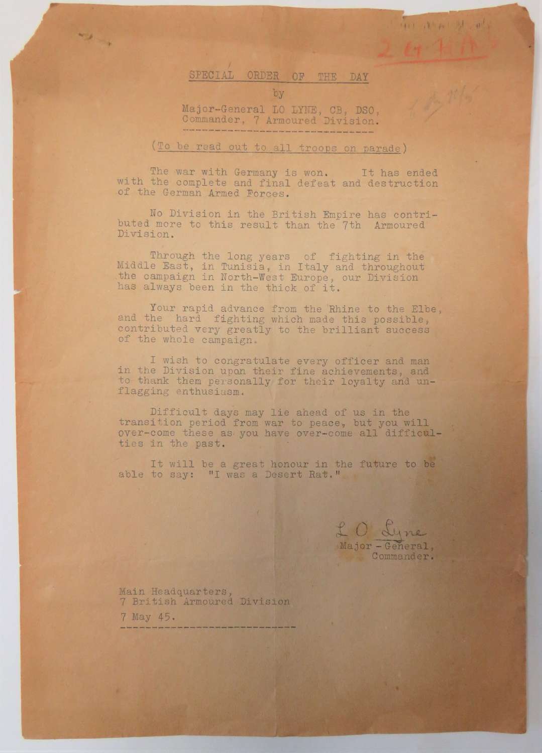 May 1945 7th Armoured Division Special Message of the Day Paperwork