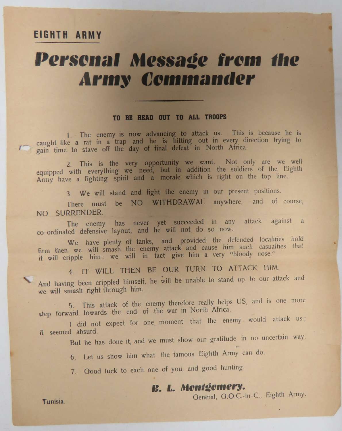 Tunisia 8th Army Message from Montgomery