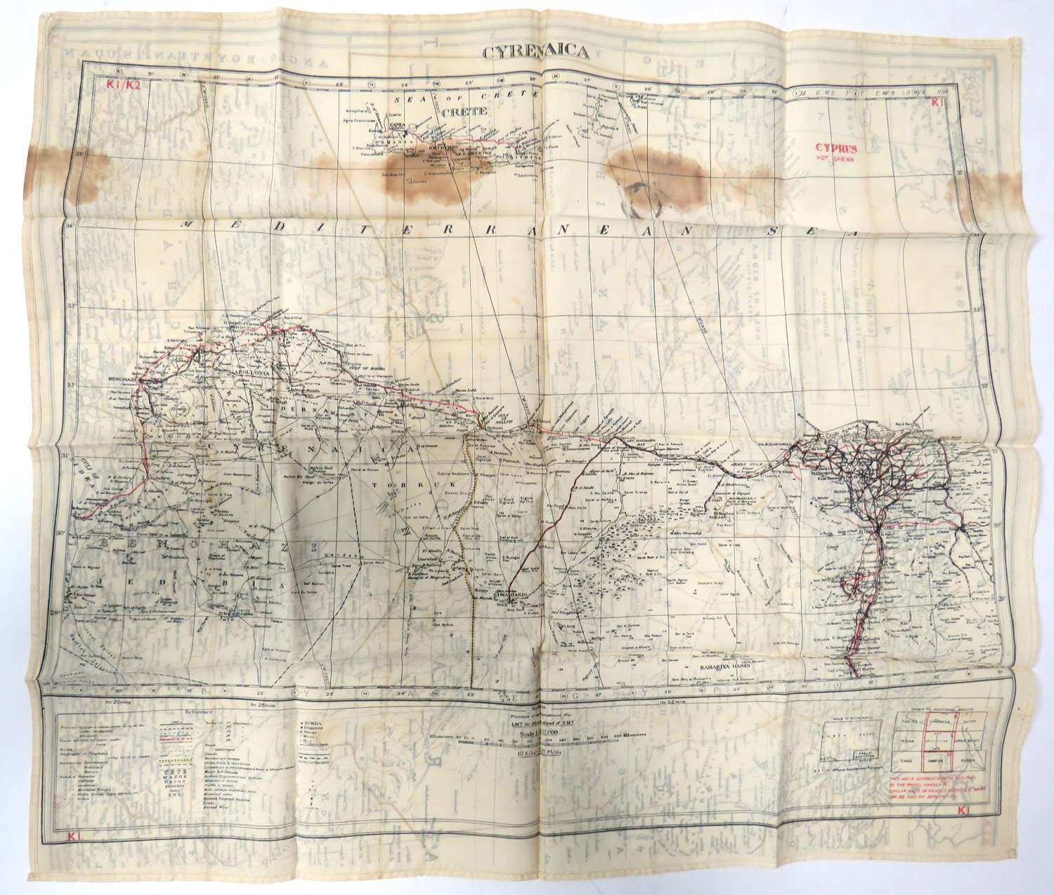 Scarce WW2 Air Crew / Special Forces Double Side Silk Map of Cyrenaica