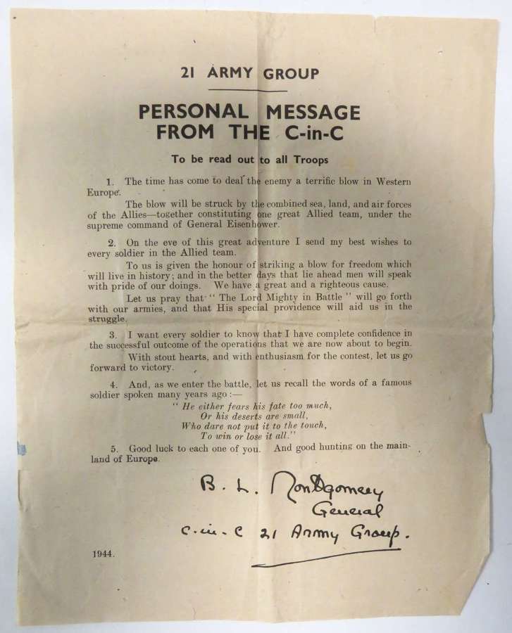 Rare Eve of D-Day 21st Army Group Montgomery Troops Message Sheet