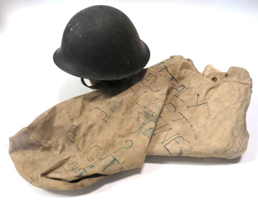 Post WW2 Mk111 Steel Helmet and Attributed Kit Bag Gnr Broadbent R.A