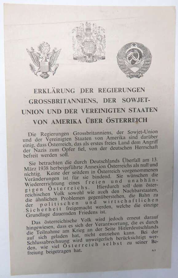 Rare Post D-Day Invasion German Air Dropped Leaflet On Austria from the 3 Allied Powers A1