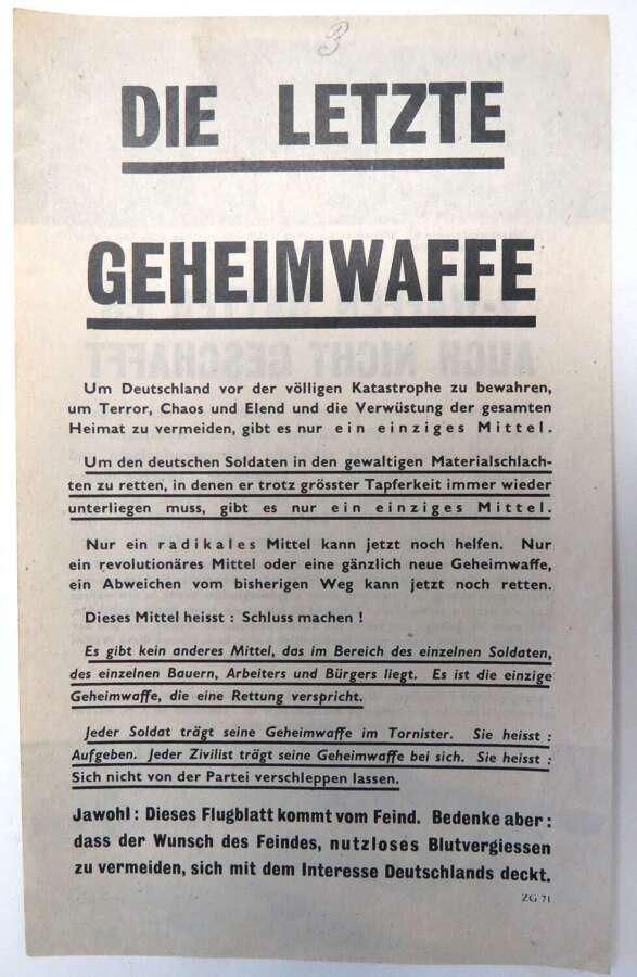 WW 2 Air Dropped on Germany Propaganda Leaflet " Last Secret Weapon" ZG71