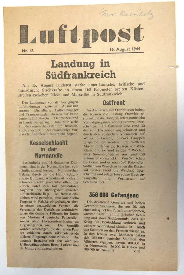 Post D-Day Luftpost Air Dropped German Propaganda Leaflet G27