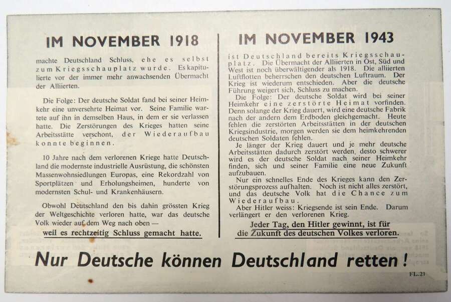 WW 2 Air Dropped German Propaganda Leaflet FL21