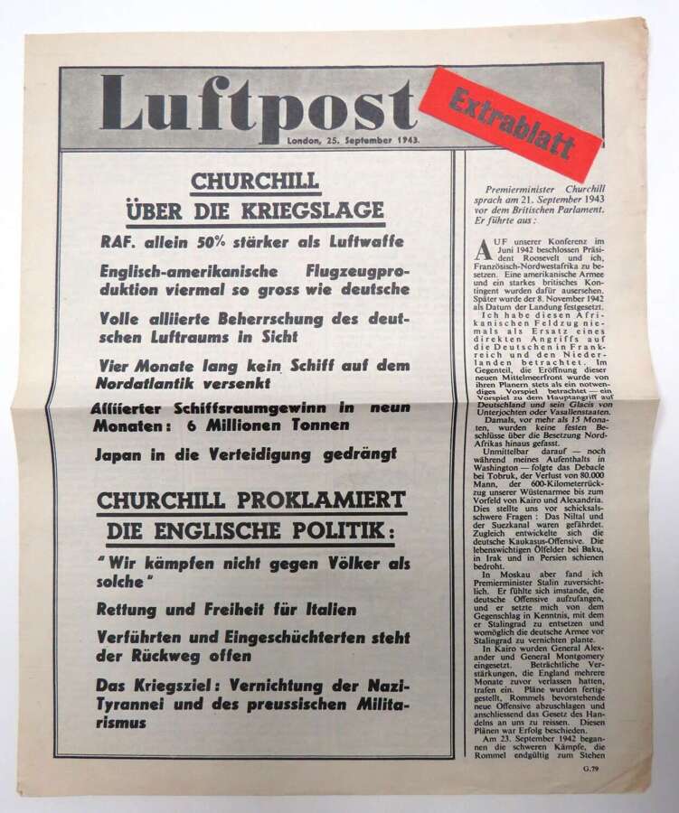 Pre D-Day Luftpost Air Dropped German Propaganda Leaflet G79 September1943