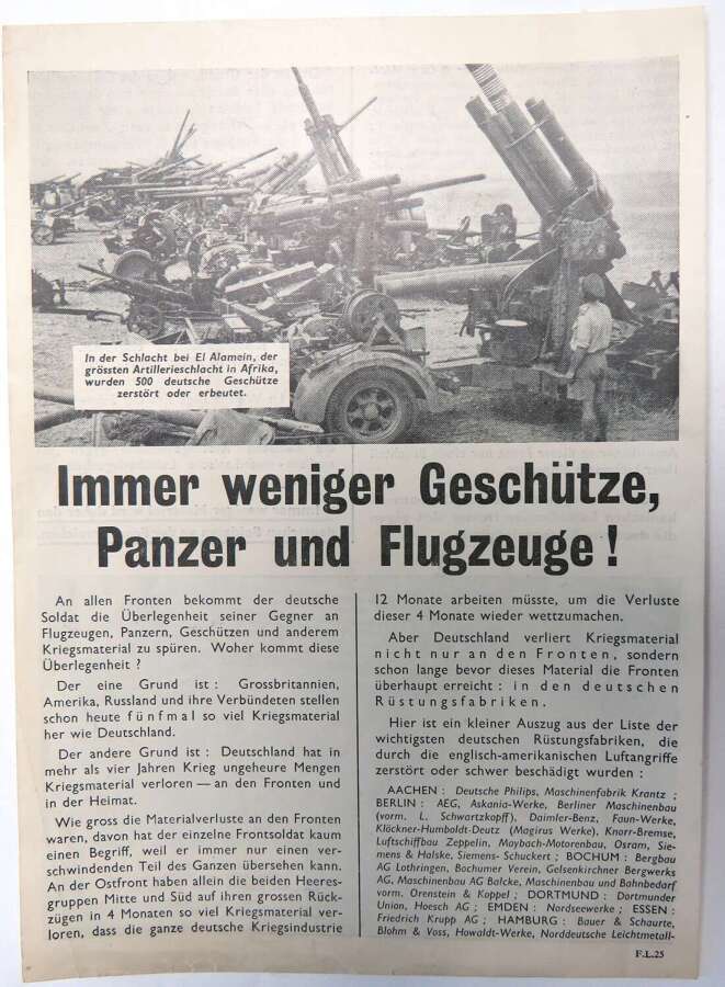 WW2 Air Dropped on Germany Propaganda Leaflet " Fewer Guns" FL25
