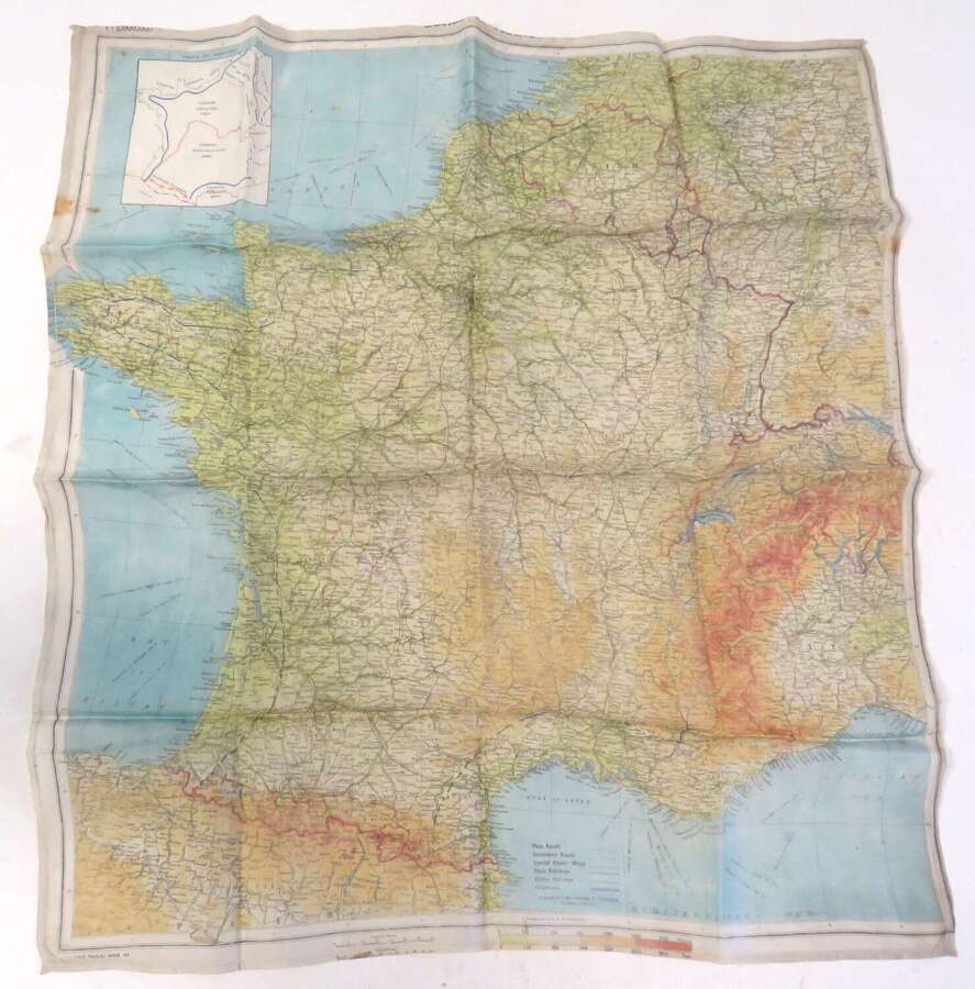 Rare D-Day SOE Single Side Silk Map Zones of France  . Major Instone Collection