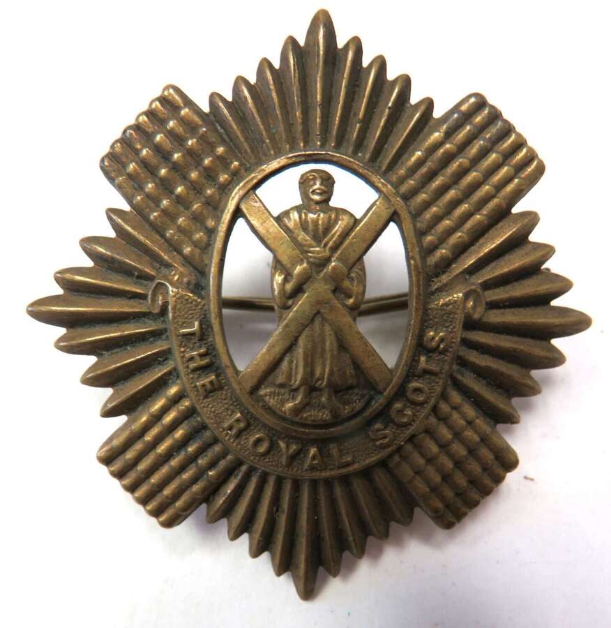 WW1 Brass Economy Royal Scots Cap / Bonnet Badge