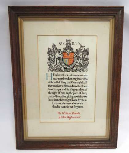 WW1 Framed Casualty Memorial Scroll 4th Gordon Highlanders