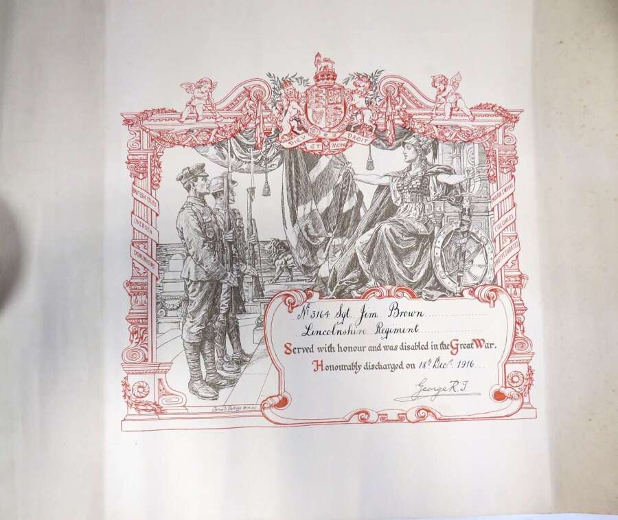 WW1 Lincolnshire Regiment Soldiers Discharge Service Rendered Scroll